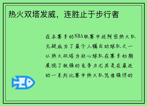 热火双塔发威，连胜止于步行者